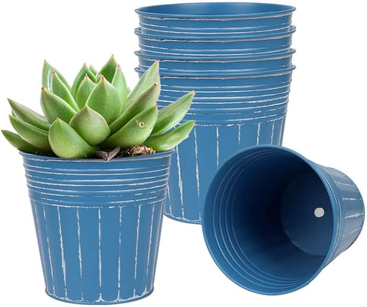 vensovo 4 Inches Blue Metal Rustic Flower Pots - 6 Pcs Small Galvanized Planters with Drainage Hole and Rubber Plug, Rustproof Tin Bucket Plant Pot Farmhouse Vintage Style for Decor