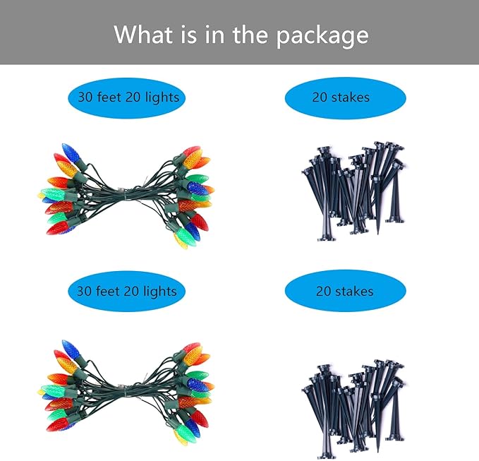 C9 Christmas Pathway Lights with Stakes,Multicolor,2 Pack Total 60 Ft 40 Strawberry LED Bulbs,Connectable Shatterproof Outdoor Lights Marker for Xmas Yard Garden Path Lawn Walkway Sidewalk