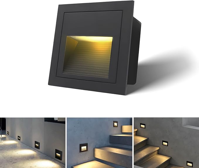 1pcs/3W Wall Recessed Stair Lights LED,Warm White,Indoor Step Light,Square Recessed Wall Light,Black Cover Staircase Light IP20 for Indoor Stairs, Home, Kitchen, Attic, Aisle