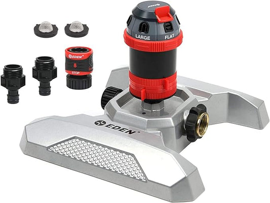 Eden 96122 Metal Adjustable 6-Pattern Mobile Rotary Gear Drive Garden Sprinkler for Yard W/Quick Connect Starter Set, Waters up to 80 ft. in Diameter