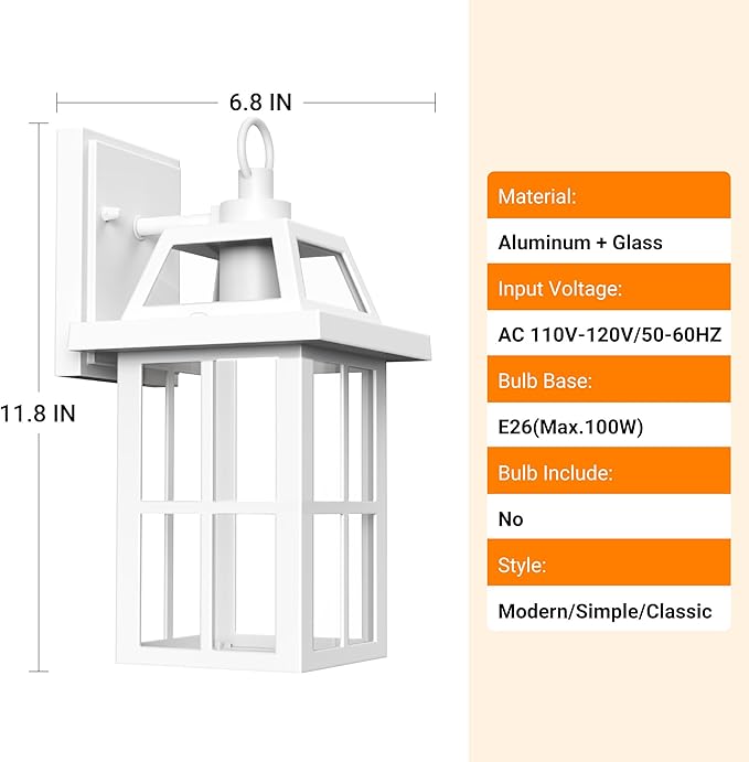 WIHTU Outdoor Light Fixture, White Porch Lights with Glass Shade, Waterproof Wall Sconce Light, Fixtures Exterior Wall Lighting, Aluminum Anti-Rust Front Door Lanterns