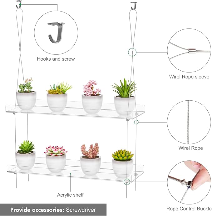 2-Tier Clear Hanging Window Plant Shelves 16inch,Indoor Windows Wall Hanging Plant Stand Flower Display,Flower Pot Organizer Storage for Window Grow Herbs,Microgreens,Succulents,Flower
