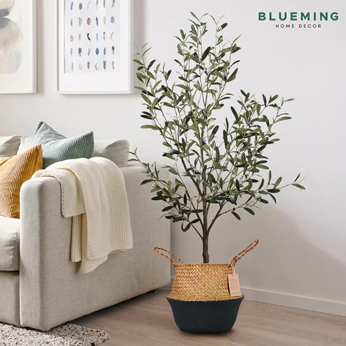 Plant Basket – Small Seagrass Planter Pot for Olive Trees, Woven Wicker Planter 8-9 Inches for Indoor Tall Artificial Plants (Black Bottom, Medium)