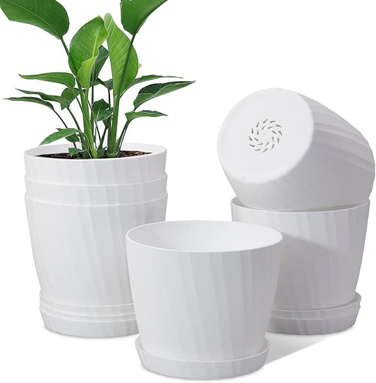 6 Inch Plant Pots Bulk, 6 Pack Plastic Planters with Drainage Holes and Saucers for Indoor Outdoor House Plants and Flowers, White