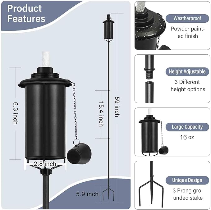 ZSZMFH 4 Pack Metal Torch for Outside, 16oz Outdoor Metal Torch Garden Décor,59-Inch Upgraded Citronella Torches with 3-Prong Grounded Stake, Table Top Torches for Party Patio Pathway
