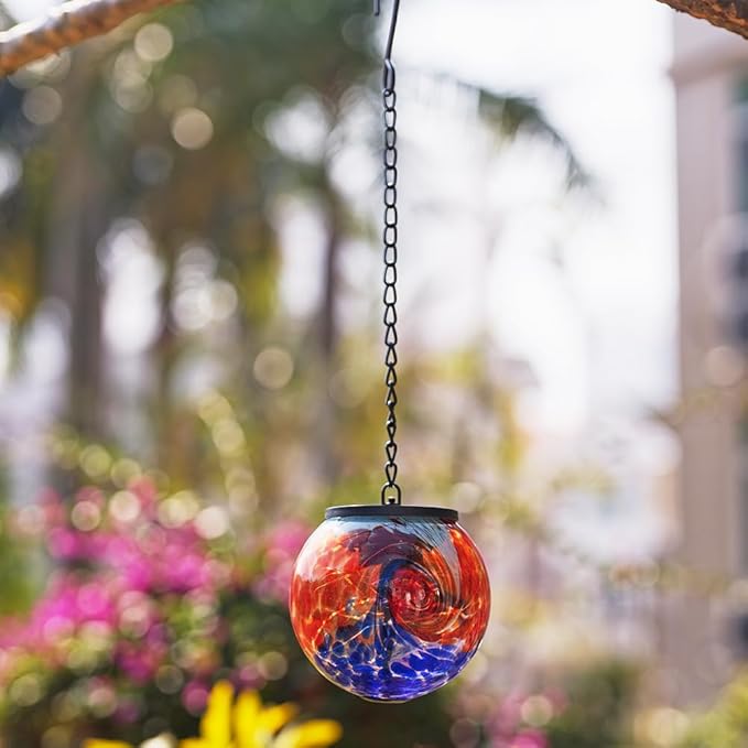 Hanging Solar Lanterns Outdoor Waterproof, Hanging Glaze Glass Solar Lantern, Gazing Ball Lantern Waterproof Decor for Yard Garden Patio