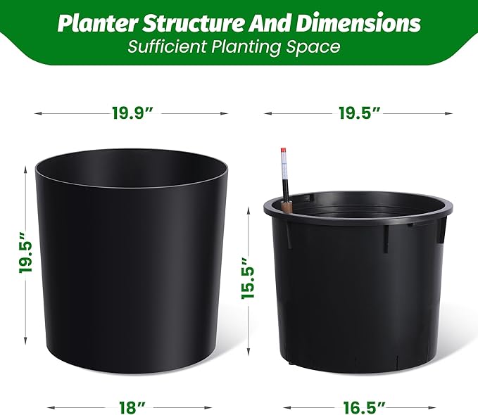Tall Round Planter Set of 2, 19.5‘’ H x 19.9" Dia Large Planters for Indoor Plants with Built-in Drainage and a Water Level Monitor and Wheels for Patio, Porch, Living Room, or Home Office, Black