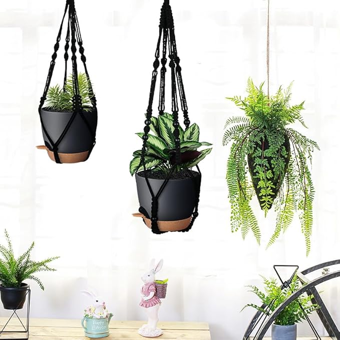 3 Pack Self Watering Hanging Planters Macrame Plant Hangers with Indoor Flower Pots, 3 Different Size Hanging Basket, Plant Hanger with Hooks for Garden Home Decor Black