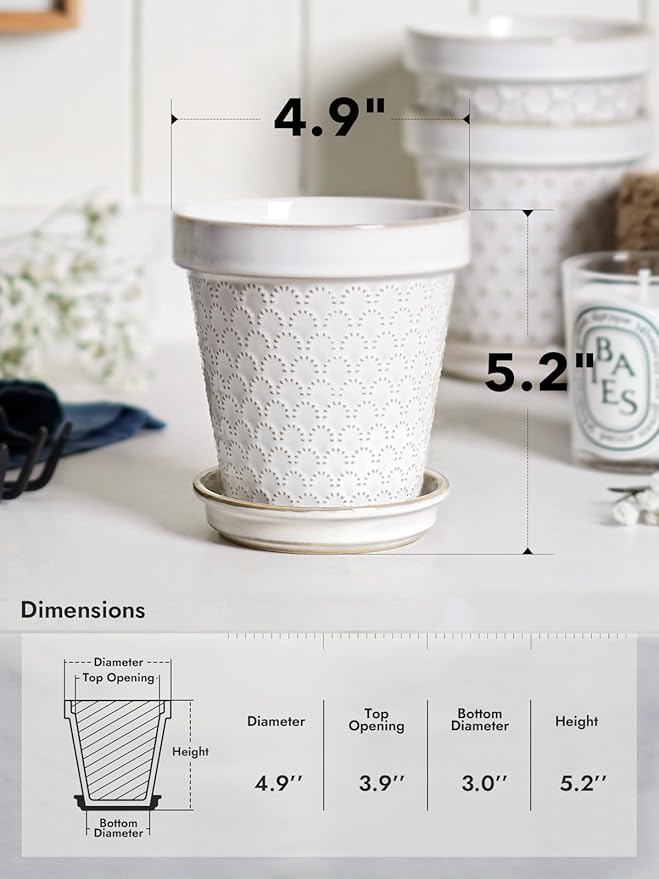 LE TAUCI Ceramic Plant Pots, 4.9 Inch Flower Pots with Drainage Hole & Saucer, Embossed Planter Pots for Indoor Plant Succulent, Orchid, Cactus, Home Decor - Set of 4, Arctic White