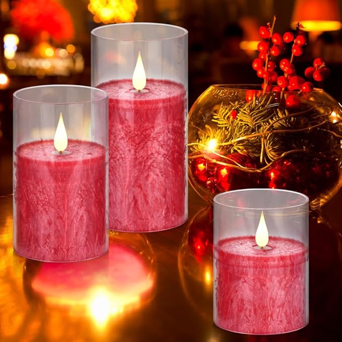 Flameless Flickering Remote Control Candle, Glass Pillar Candle,3 Pack (D:3"×H:4" 5" 6") LED 3D Flame Romantic Candle,Battery Operated Real Wax, Ideal for Wedding, Home Decor Holiday (Red)