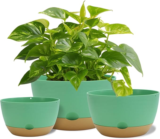 8/10/12 Inch Pots for Indoor Plants, Large Self Watering Planters with Drainage and Saucers, Plastic Outdoor Flower Pot, Set of 3, Green
