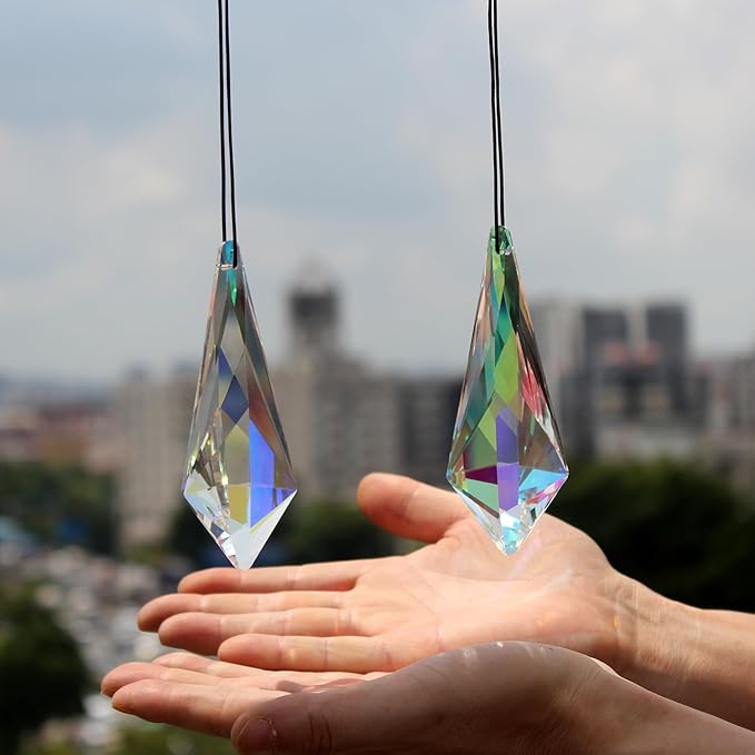 2PCS 5" Large Lanky Cone Crystal Sun Catcher Prisms, STINO Hanging Suncatchers with Glass Prism, Rainbow Maker for Windows, Balcony, Kitchen, Garden Decoration (1, Lanky Cone 2Pcs)