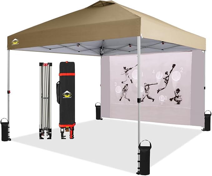 CROWN SHADES 10x10 Pop Up Canopy Tent with Game Netting - Beach Tent with One Push Setup - Outdoor Sun Shade for Events, Parties, Camping with STO-N-Go Cover Bag, Silver Coated Top, Khaki