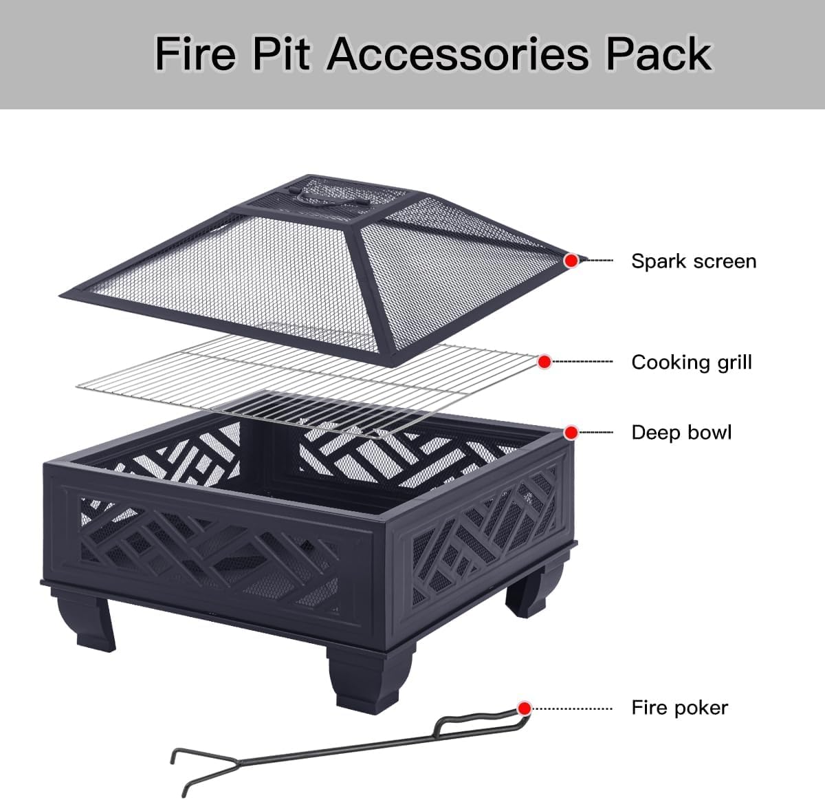 Breezz 26 Inch Wood Burning Fire Pit with Cooking Grill and Spark Screen, Outdoor Metal Firepit for Patio, Backyard, Bonfire Party, Camping and Garden