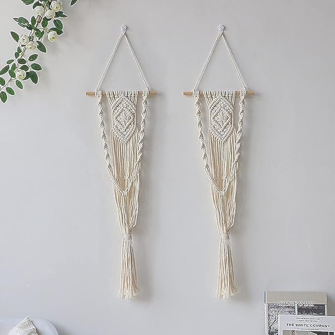 Boho Macrame Plant Hangers - Handmade Hemp Rope Hanging Baskets for Plants with Ceiling Hooks, Bohemian Home Decor Wall Art