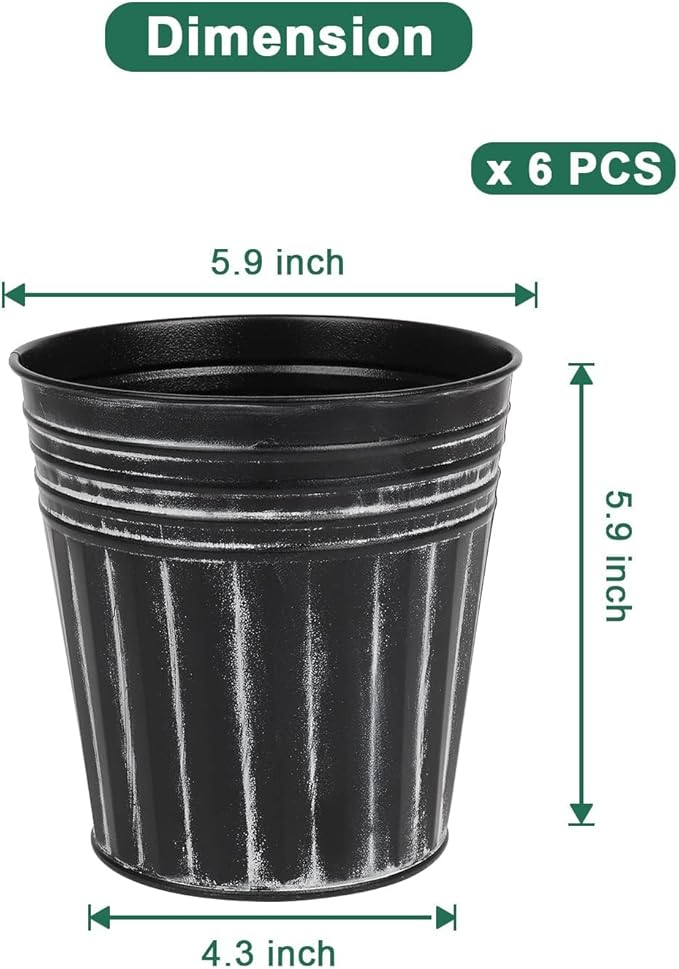 vensovo 6 Inch Black Metal Rustic Flower Pots - 6Pcs Galvanized Planters with Drainage Hole and Rubber Plug, Rustproof Metal Bucket Plant Pots Farmhouse Vintage Style for Decor