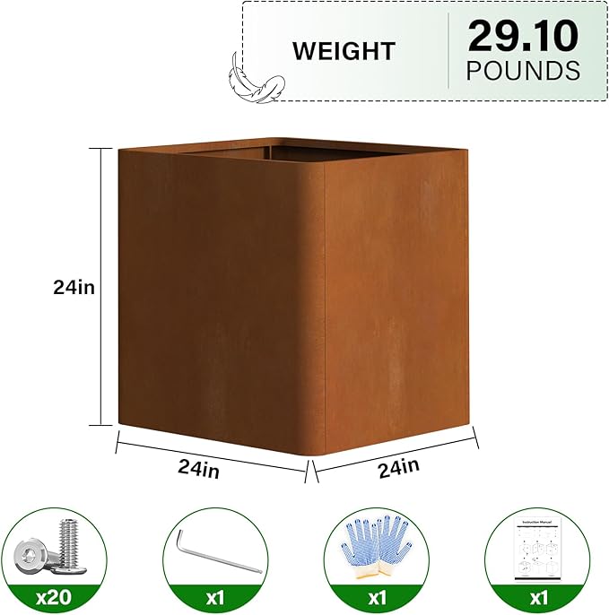 Corten Steel Planter Box 24" L x 24" W x 24" H,Large Metal Square Planter for Outdoor Plants,Metal Cube Flower Pot with Drainage Hole for Porch Hotel Patio Yard