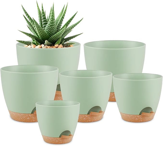 Plant Pots 8/7/6.5/6/5.5/5 Inch Self Watering Pots, Set of 6 Plastic Planters with Drainage Holes and Saucers,Plastic Flower Pots,Nursery Planting Pot for Indoor Out Door Plants（Green）
