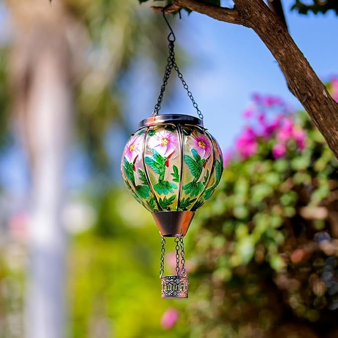 DREAMSOUL 2PCS Hummingbird Hot Air Balloon Solar Lantern, Hanging Glass Solar Lanterns Outdoor Waterproof for Garden Tree