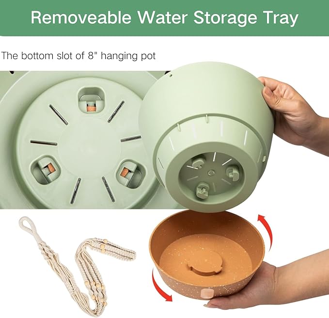 QCQHDU 2 Pack Hanging Planters for Indoor Plants, Outdoor Hanging Baskets, Self Watering Pots with Drainage Holes & Removable Tray (Green, 8 inch, Macrame Hanger)