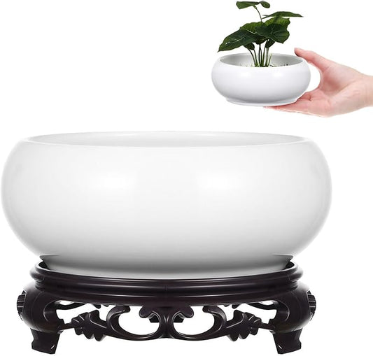 Ceramic Chinese Pot with Base White Water Lily Bowl 6Inch Porcelain Lotus Pot Jardiniere Planter Oriental Fish Bowl Bonsai Vase