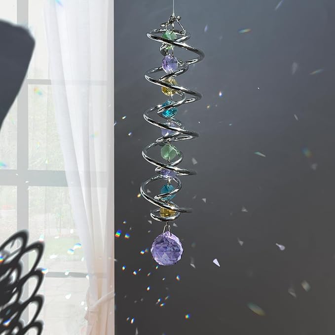 FONMY Gazing Ball Spiral Tail -Decorative Wind Spinner Sun Catcher Rainbow Maker Double-Spiral W/Purple Crystal Ball and Chain Crystals for Indoor Outdoor Garden Decoration -14 inch Height