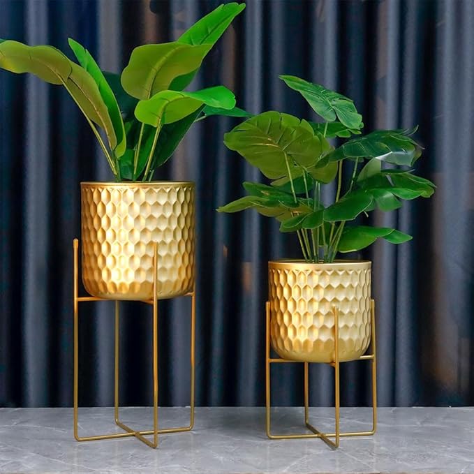 TRIROCKS Set of 2 Planters with Stand Indoor Outdoor Metal Plant Stand 8 * 18 &7 * 12 "Modern Planters Flower Pots for Living Room Corner Kitchen Office Garden Balcony Patio Decor(Gold)