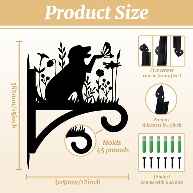 Peacoblue Iron Plant Hangers Holder for Outdoor Indoor Hanging Plants Fern Pots, Lantern, Bird Feeder, Wind Chimes, 12”x14” Dog Weather Resistant Metal Wall Brackets Hooks for Porch, Garden, Home(Dog)