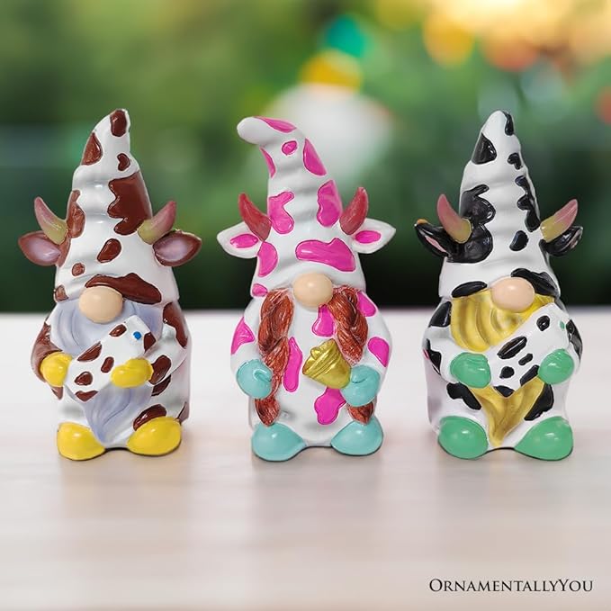 Spring & Summer-Themed Garden Statues – Adorable Outdoor Decor for Lawn, Patio & Porch (Cow Gnome Trio Mini Statue Set of Three, 5" Miniature Figurine and Unique Farm Resin Garden Statue)