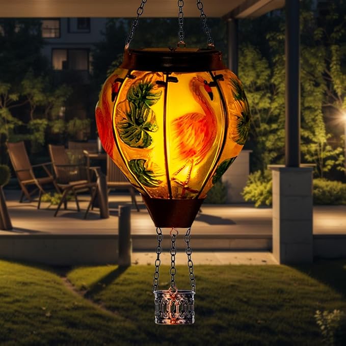 Starsoul Flamingo Hot Air Balloon Solar Lantern Solar Hot Air Balloon Flickering Flame Hanging Garden Light Metal & Glass Waterproof Lanterns for Yard Patio Farmhouse Decoration