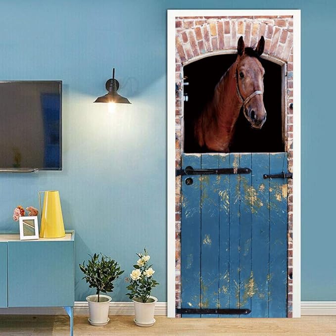 Horse 3D Door Stickers Murals - Peel & Stick - Waterproof & Washable - Matt Finish - Realistic Style - Brown Color - Animal Pattern - Adults - Indoor Use - All Seasons - Door Decal - Sticker