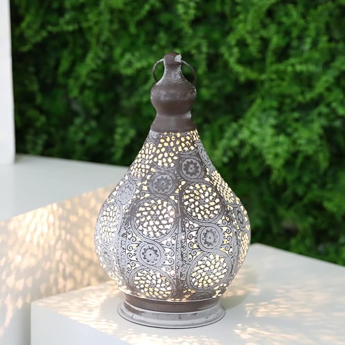 JHY DESIGN Moroccan Style Vintage Lantern Metal Table Lamp Battery Powered 11.5" Tall Cordless Lamp Desk Lamp with Edison Bulb for Living Room Bedroom Weddings Parties Garden Lounge Outdoor Indoor
