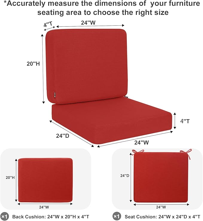 Favoyard Outdoor Deep Seat Cushion Set, 24 x 24 Inch Rainproof & 3-Year Fade Resistant Patio Furniture Cushions, Removable Seat Bottom & Back Cushion Covers with Ties for Chair, Sofa, Couch, Red