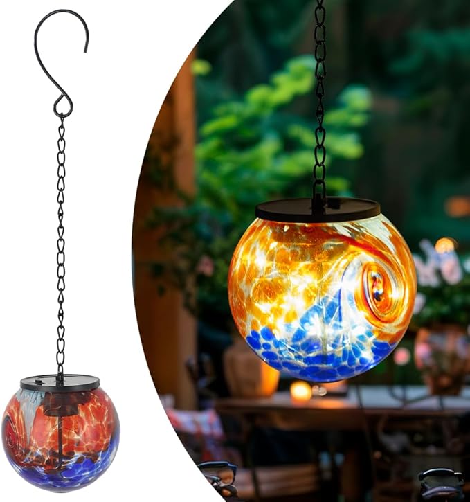 Hanging Solar Lanterns Outdoor Waterproof, Hanging Glaze Glass Solar Lantern, Gazing Ball Lantern Waterproof Decor for Yard Garden Patio