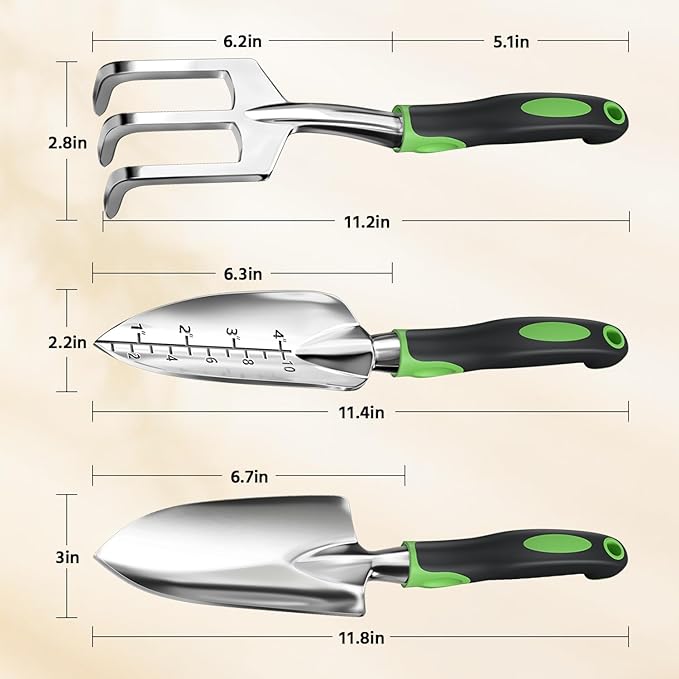 LASZOLA 3 Piece Garden Tool Set Include Hand Trowel Rake and Transplant Shovel for Women, Indoor Heavy Duty Small Spade Kit with Ergonomic Handle to Weed and Loosen, for Mom and Plant Beginner, Green