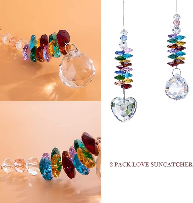 H&D HYALINE & DORA Hanging Crystal Suncatcher Rainbow Maker with Heart Prism Pendant and Crystal Prism Ball and Chakra Colored Beads,for Window Decor,Pack of 2