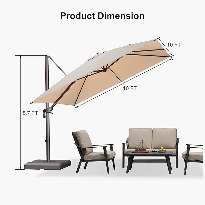 PURPLE LEAF 10 Feet Patio Cantilever Umbrella Square Outdoor Umbrella with 360° Rotation and Aluminum Offset Hanging for Garden Backyard Pool, Beige