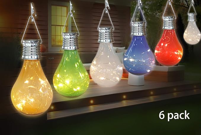 pearlstar Solar Light Bulbs Outdoor Waterproof Garden Camping Hanging LED Light Lamp Bulb Globe Hanging Lights for Home Yard Christmas Party Holiday Decorations (6 Pack-Solar Light Bulbs)
