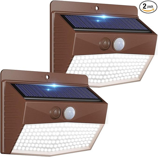 Peasur 2 Packs Solar Outdoor Lights Motion Sensor Solar Security Lights Waterproof with 3 Lighting Modes Solar Powered Wall Lights Outside for Garden Fence Yard Deck, Brown