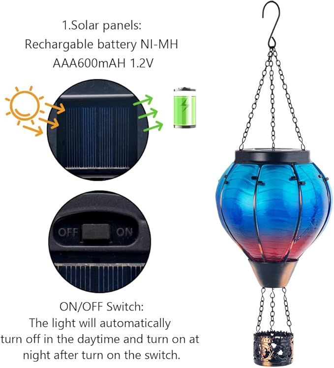 Starsoul 2 PC Blue Hot Air Balloon Solar Lantern Glass Solar Hot Air Balloon Flickering Flame Hanging Garden Light Waterproof Garden Yard Farmhouse Decor
