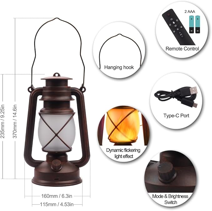 Lantern LED Battery Powered Camping Lamp Outdoor Hanging Lantern Flickering Flame Rechargeable Retro Lanterns Remote Control 4 Modes Light Non-Solar 2 Pack