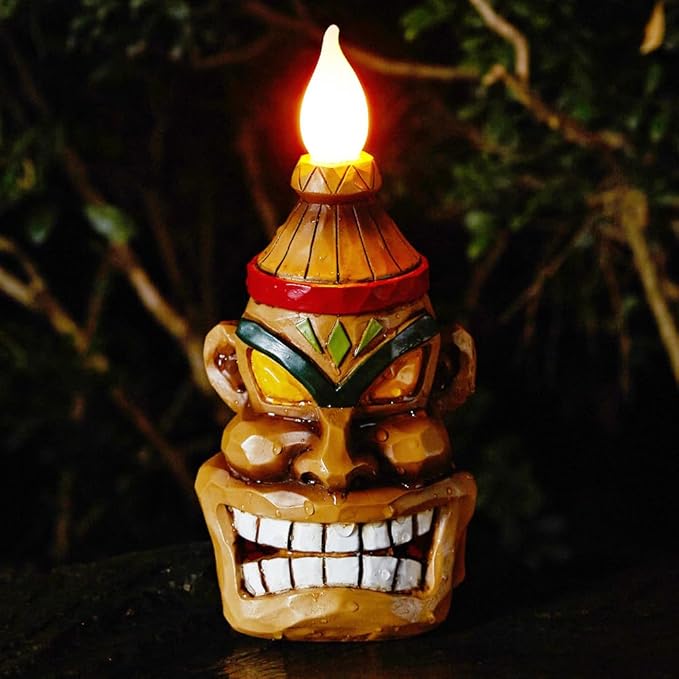Outdoor Solar Tiki Statue Decor-Tiki Bar Decoration-Torch Tiki Head Statues Outdoor Decorations for Garden,Patio,Yard,Backyard,Lawn,Garden Gift,Garden Tiki Figurine 8.74 Inch Tall