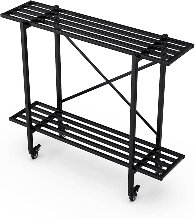 Zhongma 2 Tier Metal Sturdy Narrow Plant Stand with Wheels, Plant Stand Indoor and Outdoor, L35.43 x W10.3 x H29.9 inch, 440 LBS Capacity & Heavy Duty Construction.