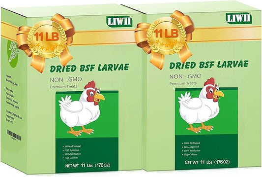 22LB Dried Black Soldier Fly Larvae, 2 Pack of 11 LBS, 86X Calcium Than Dried Mealworms, High Protein Non-GMO Organic Chicken Feed