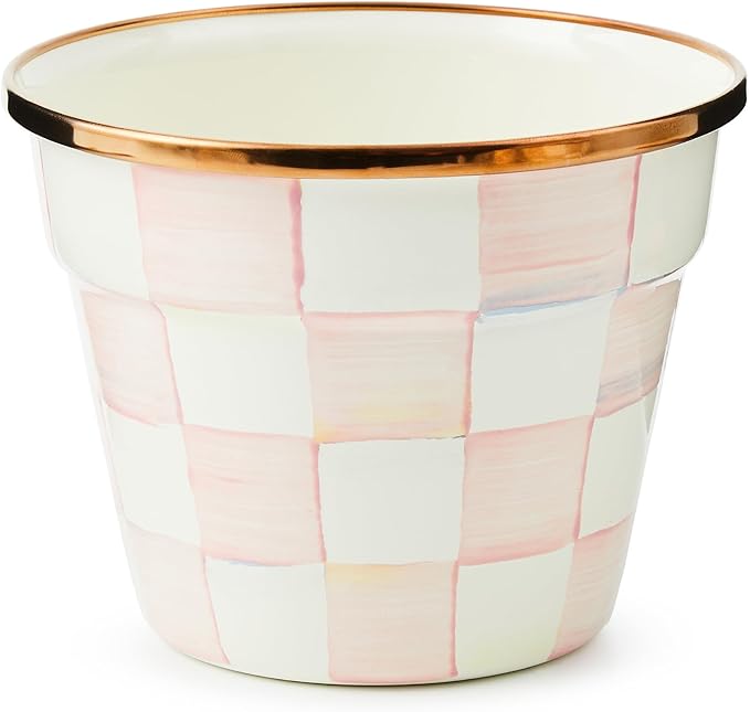 MACKENZIE-CHILDS Enamel Garden Pot, Decorative Pot for Plants, Outdoor Flowerpot Decor, Small, Pink-and-White Rosy Check