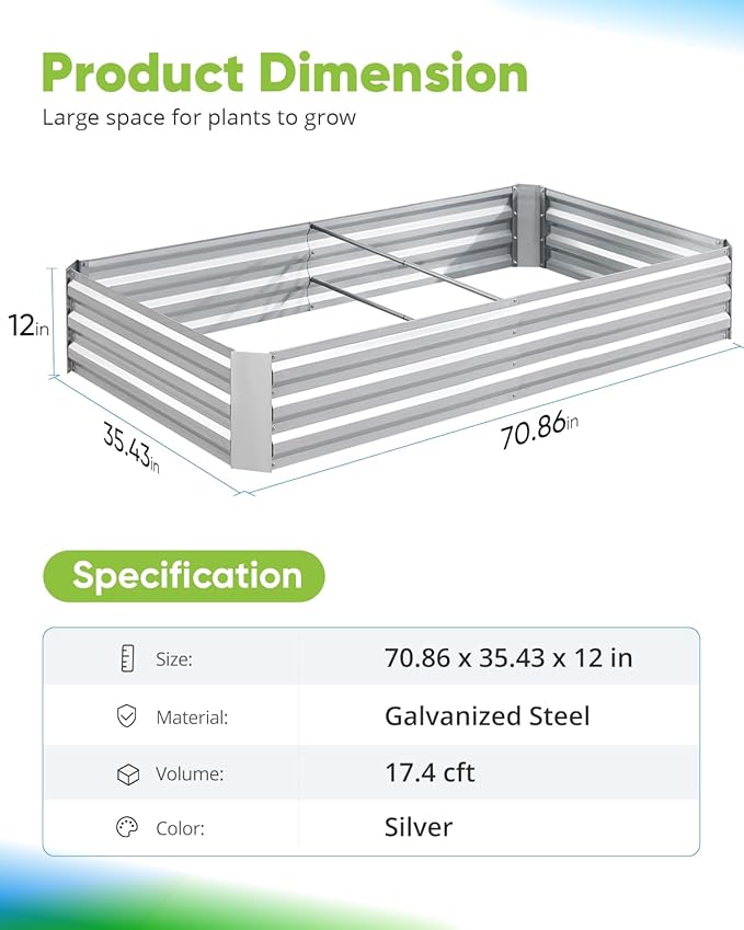 Quictent Galvanized Raised Garden Bed 6x3x1 Ft Metal Planter Box for Vegetables Bottomless for Backyard Outdoor, Include 1 Tomato Cage, Silver