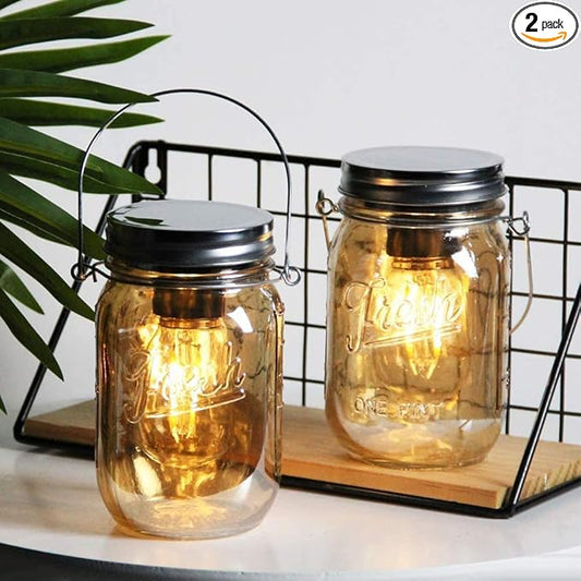 Outdoor Mason Jar Lights Hanging, 2-Pack LED Decorative Garden Lanterns with Timer, Battery Operated Vintage Glass Light for Patio Camping Courtyard Backyard Tree Hallway Stairs Farmhouse (2*Amber)