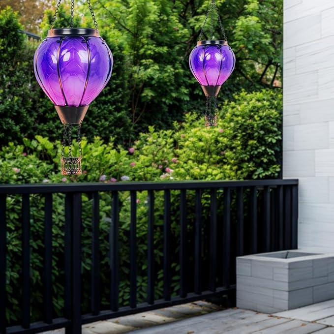 Starsoul Purple Hot Air Balloon Solar Lantern with Flickering Flame Light Glass Solar Powered Hot Air Balloon Lamp Waterproof Hanging Hot Air Balloon Led Lights