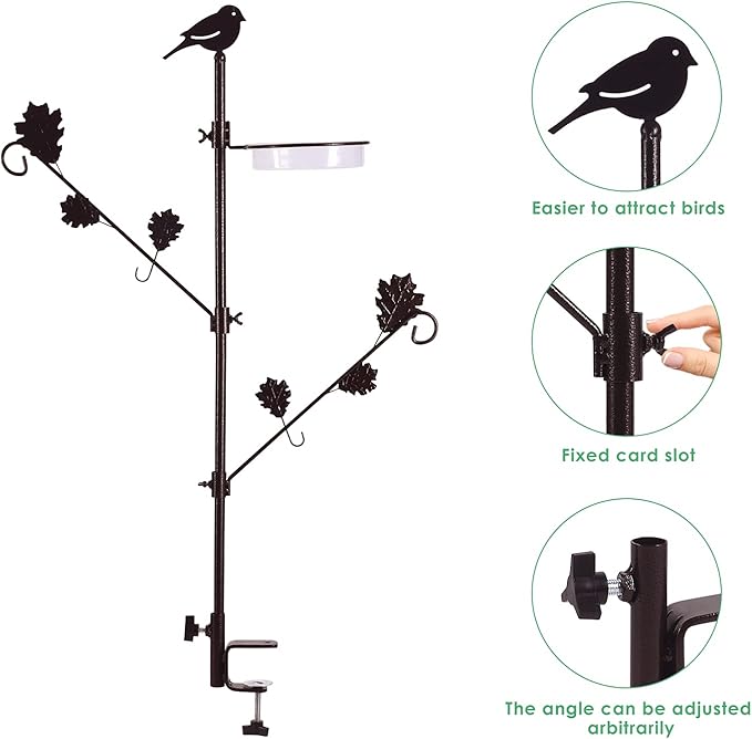 Urban Deco Deck Pole Porch Multi-Hook Bird Feeder Hooks for Deck Kit with Feeder Polyester and with 2 Adjustable Branches and Plastic Water Bowl
