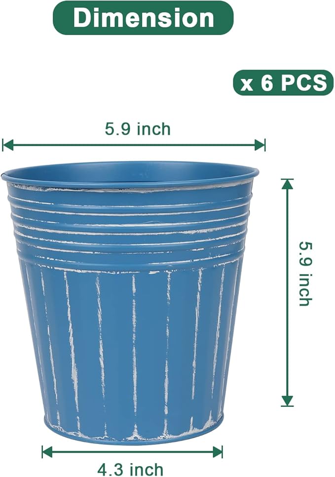 vensovo 6 Inch Steel Blue Metal Rustic Flower Pots - 6Pcs Galvanized Planters with Drainage Hole and Rubber Plug, Rustproof Metal Bucket Plant Pots Farmhouse Vintage Style for Decor